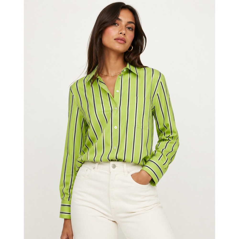 Ellen Tracy Company Lime Green Striped Button Down Shirt‎ Size 4 NWT